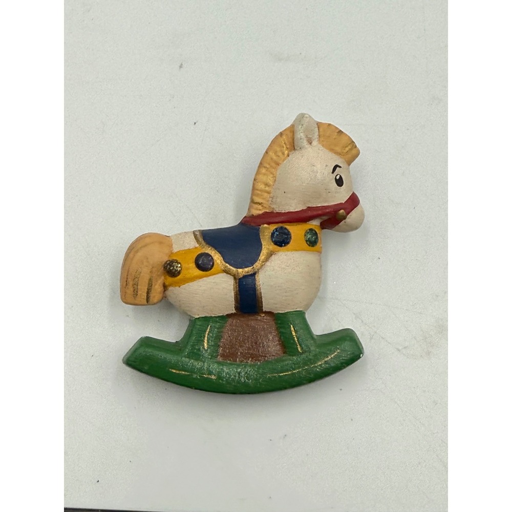 Vintage Rocking Horse Brooch Hand Painted Carousel Horse Pin White Green Blue